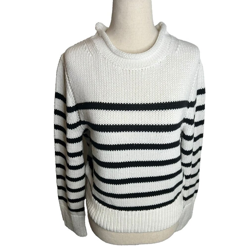 J.Crew $90 Heritage cotton Rollneck™ sweater in stripe Ivory Black Size M CE486 - Picture 2 of 8